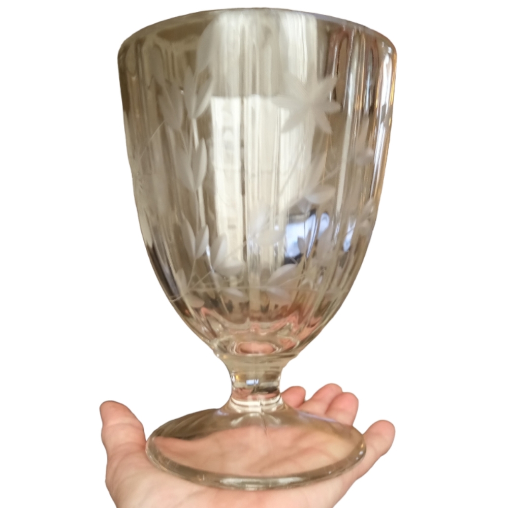 Large Glass Compote Goblet Etched Butterflies and Flowers 🌺 Pristine Condition